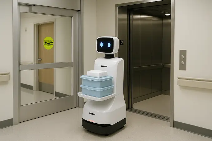 A logistics robot interacting with a hospital elevator and automatic door, demonstrating its ability to navigate a multi-story facility. UV-C light or automated spraying systems are already being used as AI Robots in Hospitals worldwide.