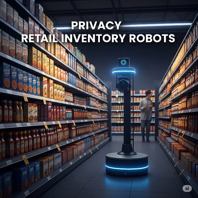 Inventory robot scans shelves; shoppers appear casually in scene, blurred for privacy.