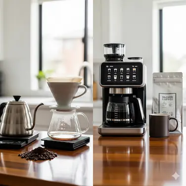 Traditional brewing method next to an AI-powered smart coffee maker making difference with AI Coffee Machines