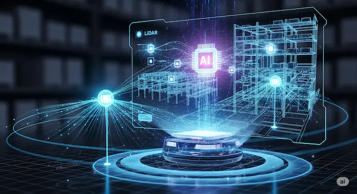 Conceptual art showing the AI and sensor technology of an AMR, a key factor in the AMR vs AGV capability difference.