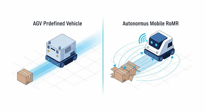 An AMR vs AGV diagram illustrating navigation, where the AGV is stopped by an obstacle while the AMR intelligently finds an alternate route.