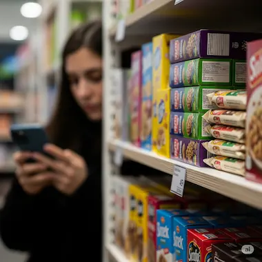 Inventory robot scans shelves; shoppers appear casually in scene, blurred for privacy.