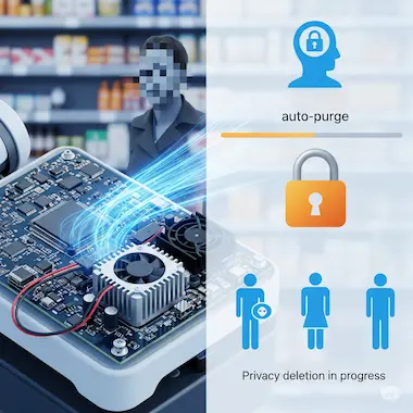 Partial human presence near shelf, indicating incidental data captured by robots, respectfully obscured.