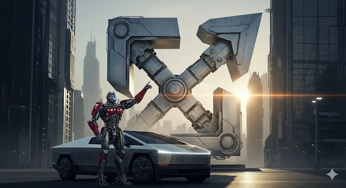 “Tesla Optimus humanoid robot prototype standing in a factory.