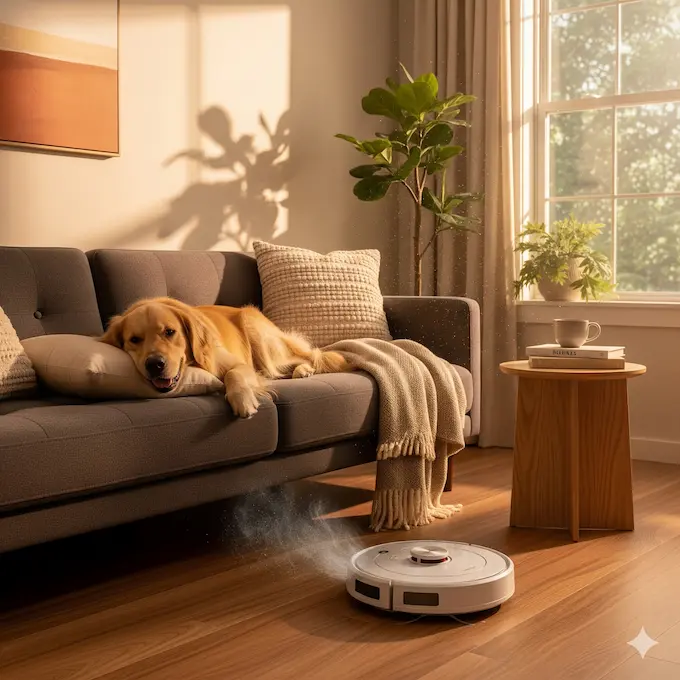 “Best robot vacuum for pet hair in 2025 cleaning a living room floor while a golden retriever rests on the sofa.”