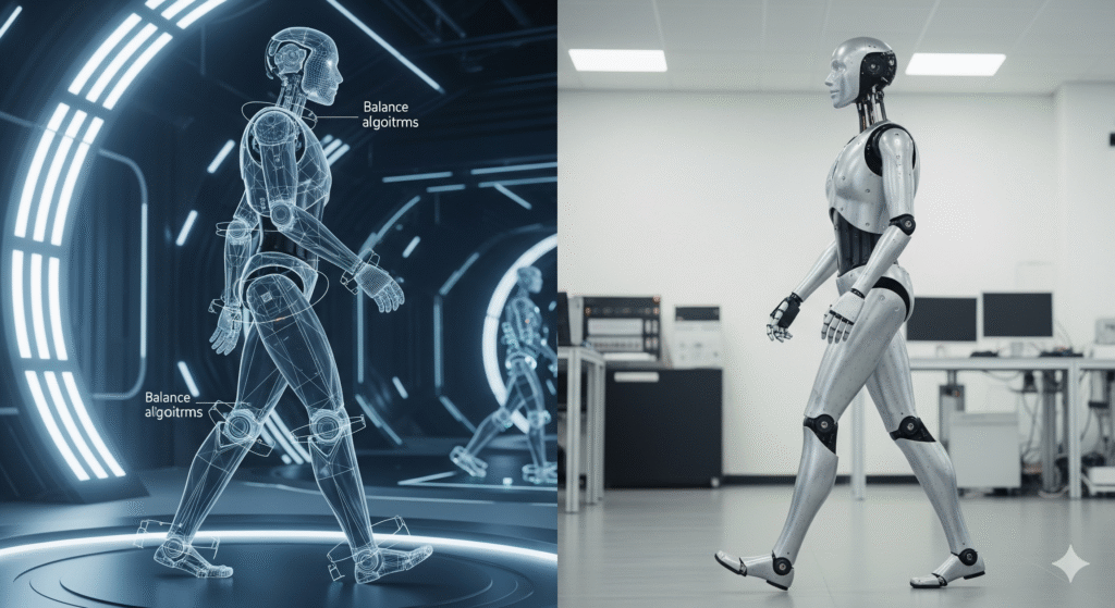 A side-by-side comparison of a simulated humanoid robot walking and the real robot performing the same task. Figure is also added in  Robotics News September 20,2025  weekly Report News.