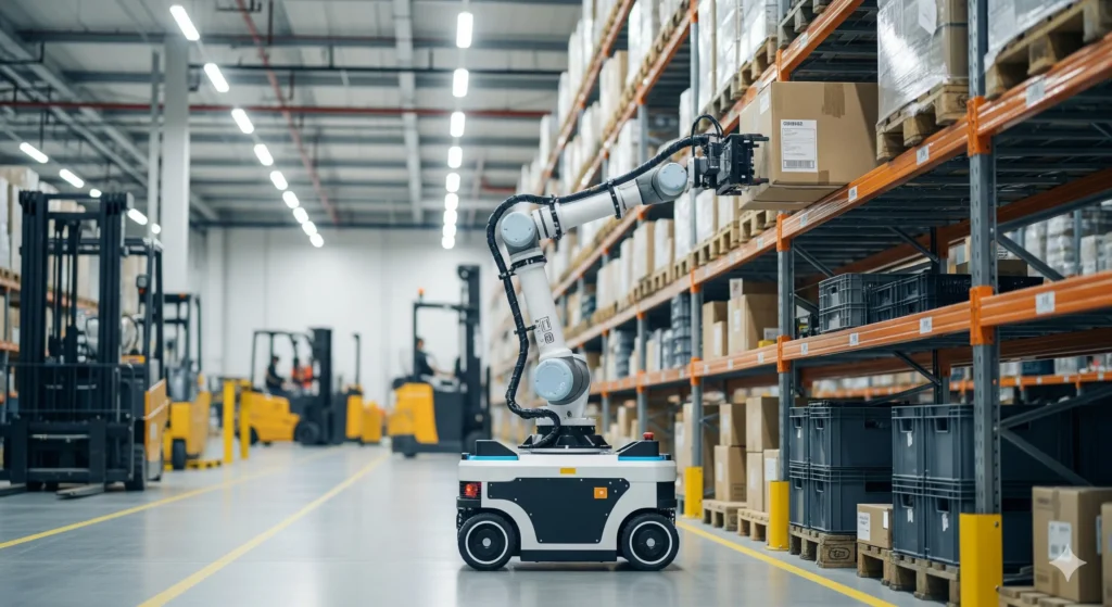 A mobile manipulator robot placing items on shelves inside a warehouse. It is key story of robots interaction of our weekly news ROBOTICS NEWS SEPTEMBER 20 2025