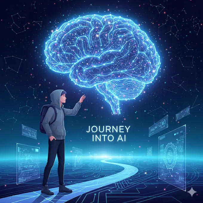 Beginner discovering AI through a glowing neural network illustration.