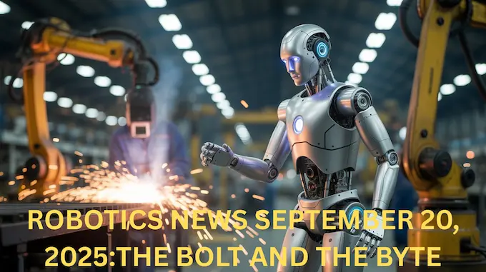 Humanoid robot in a factory with sparks flying, symbolizing Robotics News September 20 2025 and industrial AI advancements.