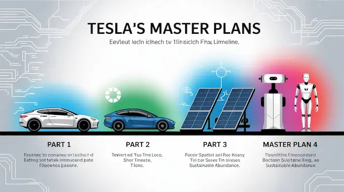 Infographic comparing Tesla’s Master Plans 1–4. From Cars to Humanoid Robots 