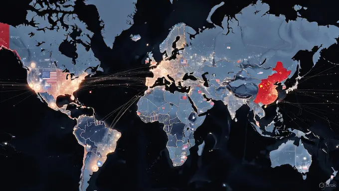 Map showing the US and China flags overlaying computing clusters or a silicon chip, symbolizing an AI arms race.