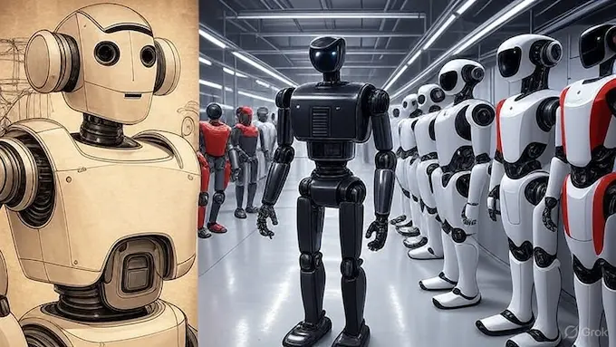 “Evolution of robotics from ancient automata and early industrial robots to modern AI-powered humanoids and drones.”