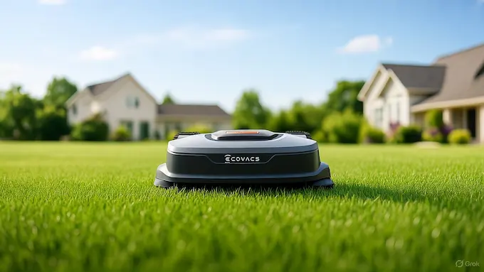ROBOTICS NEWS SEPTEMBER 27 2025: “ECOVACS GOAT A3000 robot lawnmower operating on suburban lawn.”