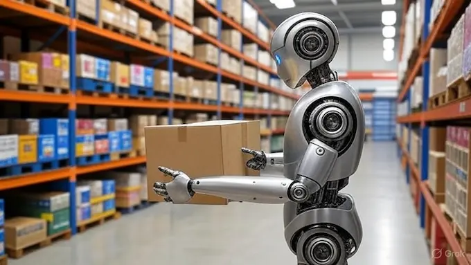 “Dyna Robotics autonomous mobile robots operating in a warehouse environment.”