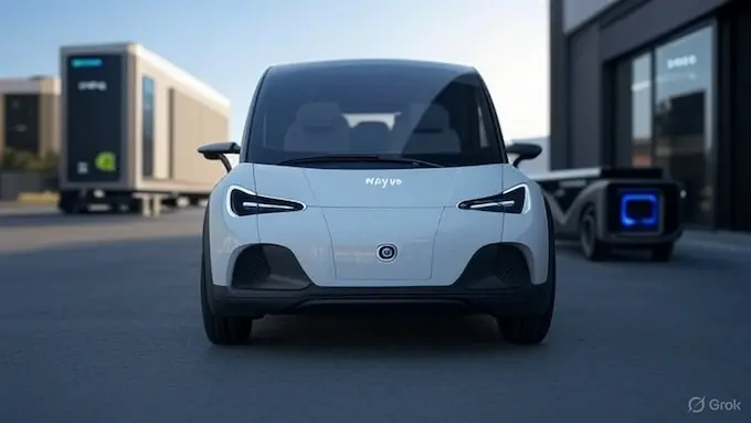 : “Wayve autonomous vehicle on test track with Nvidia GPU cluster.”