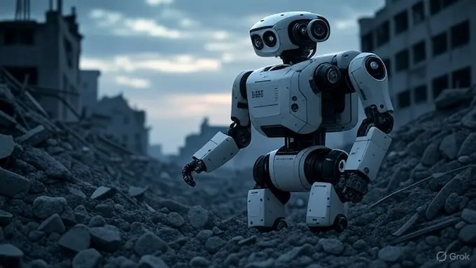 “ARIES rescue robot navigating rubble during a disaster-response demo.”