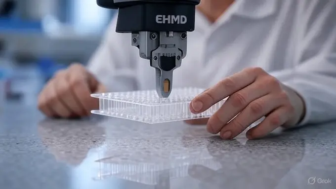 “Festo EHMD robotic gripper handling a microplate in a lab automation setup.”