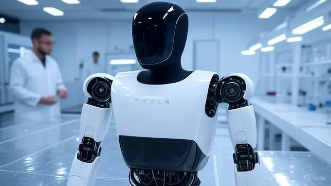 “Tesla Optimus humanoid prototype in a development lab.”