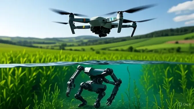 “Agricultural drone over fields and underwater robot collecting debris.”