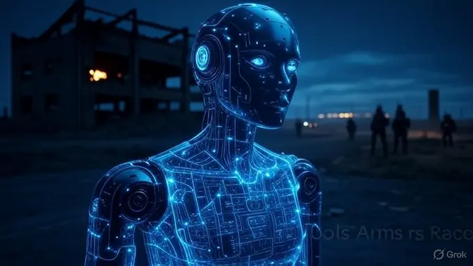 Humanoid robot with AI-powered circuits representing the 2027 AGI Robotics Arms Race across industry and defense.