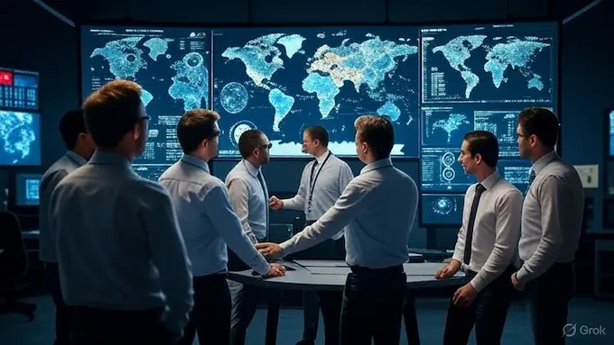 Operations room with global maps and data streams visualizing strategic AGI Robotics Arms Race investments.