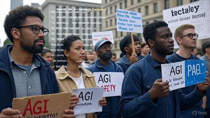 Protesters calling for AGI safety and worker protections outside a government building during debates on the AGI Robotics Arms Race.