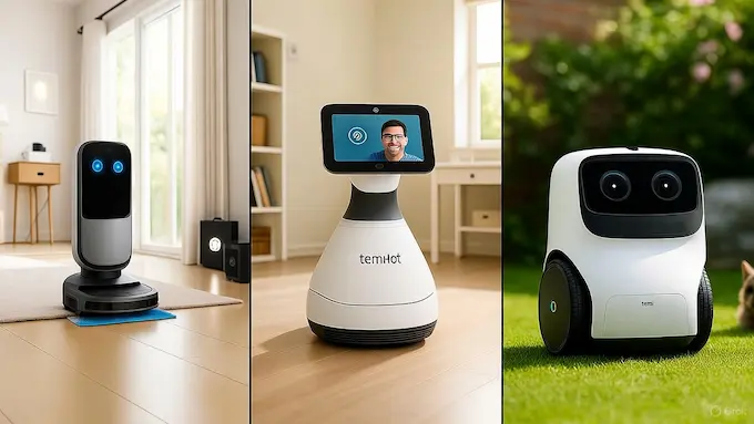 “Amazon Astro robot patrolling a modern living room with its periscope camera raised example of home assistant Robots