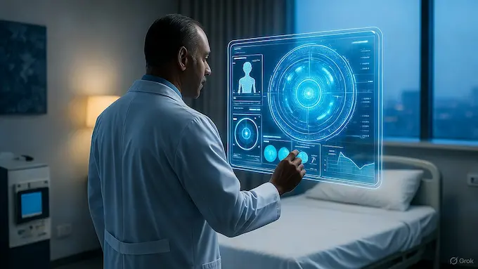 “Doctor using AI system for patient diagnosis in modern AI in healthcare hologram .”