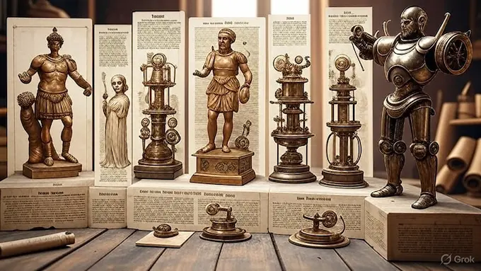 : “Ancient and medieval automata, from Greek myth to da Vinci’s mechanical knight.”