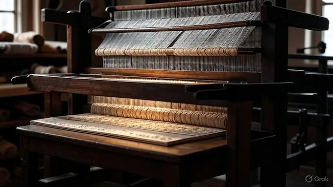 “Jacquard loom punch card mechanism from the 19th century.”