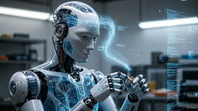 Humanoid robot being controlled by AGI code and a vision-language model, demonstrating dexterity.