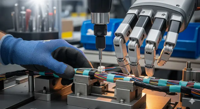 Close-up of humanoid and human hands assembling parts in a factory for Robotics News September 13 2025.