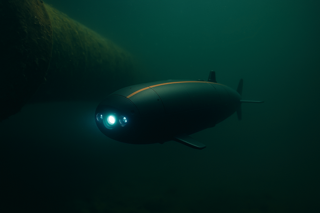 A compact autonomous underwater robot inspecting a corroded pipeline on the seafloor.
