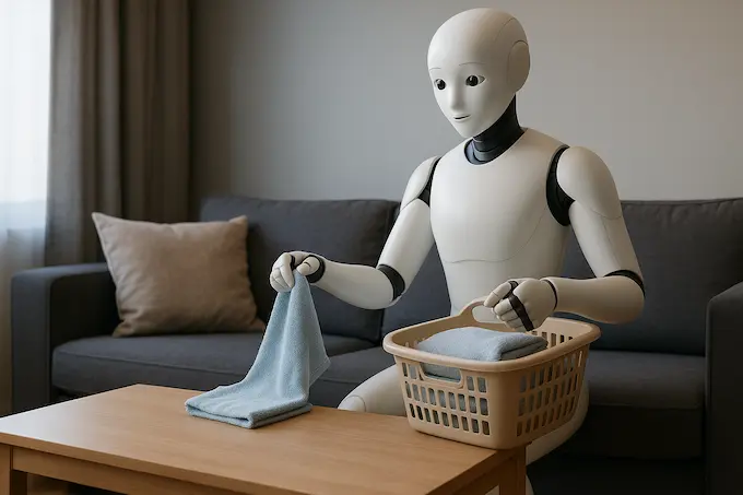 Full height humanoid robot in neutral colors folding laundry in a modern living room.