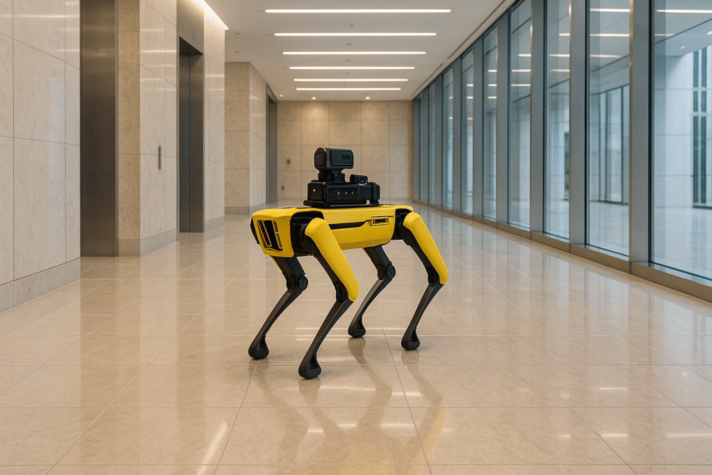 Boston Dynamics Spot style quadruped robot walking past modern Middle Eastern architecture.