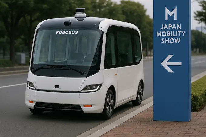 Compact autonomous Robobus with sliding doors picking up riders at a convention center in Tokyo.