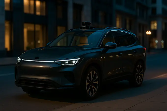 Self driving ride hail vehicle waiting at a curb while a rider approaches with a phone.