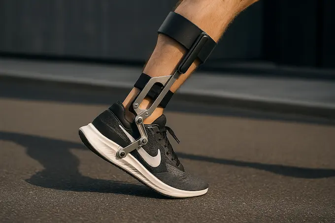 Close up of a runner’s lower legs wearing a motorized ankle cuff linked to a futuristic sneaker.