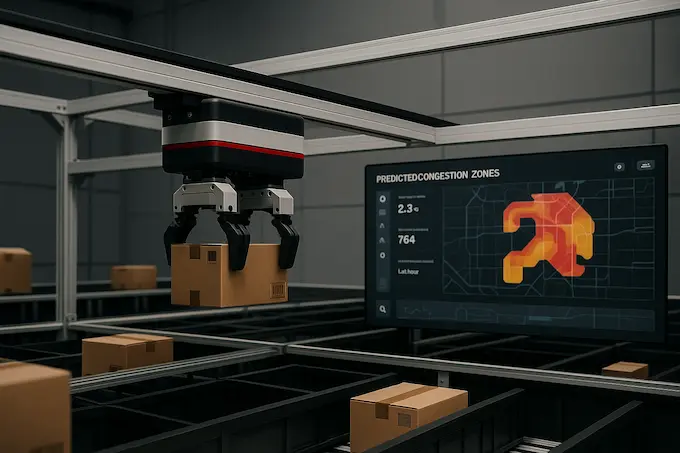 Warehouse ceiling robots and articulated arms moving packages over human workers walking below.