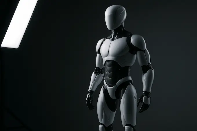 Tall white humanoid robot with humanlike head and high torque legs standing in a lab, arms slightly raised.