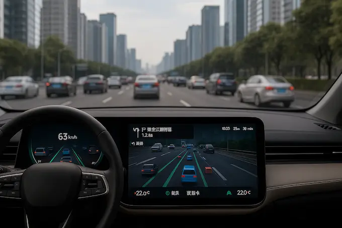Concept sedan dashboard showing a coPILOT style driving visualization over a dense Chinese city street.