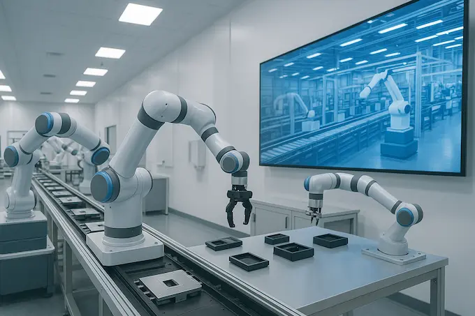 Robotic arm and human technician inspecting a digital twin model projected on a factory floor display.