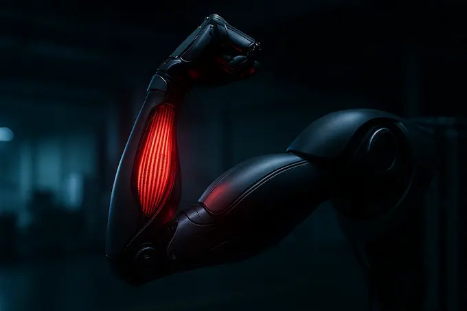 Concept image of a humanoid robot curling a heavy dumbbell with translucent synthetic muscles visible in the arm.