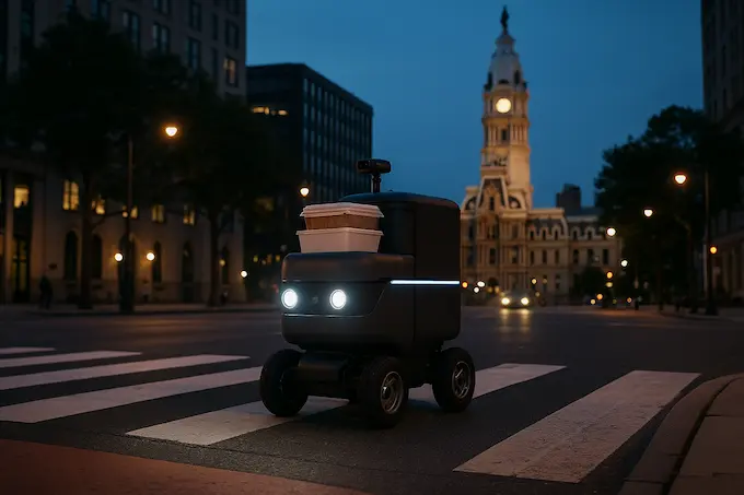 : Compact four wheeled red and white delivery robot driving through a sunny downtown street crosswalk.