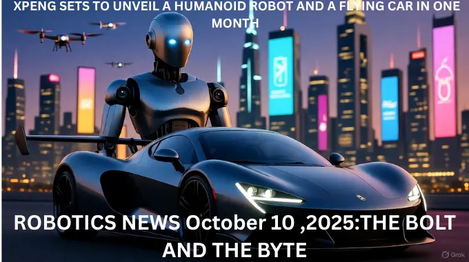 : “XPeng humanoid robot and flying car displayed under city lights.”