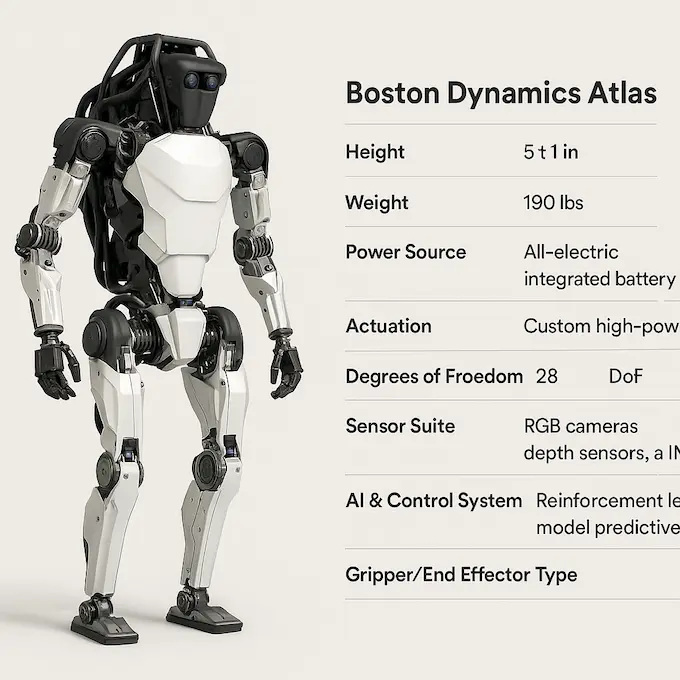 Boston Dynamics Atlas robot standing in a lab — full-body view of the all-electric humanoid .”Atlas Key Specifications at a Glance