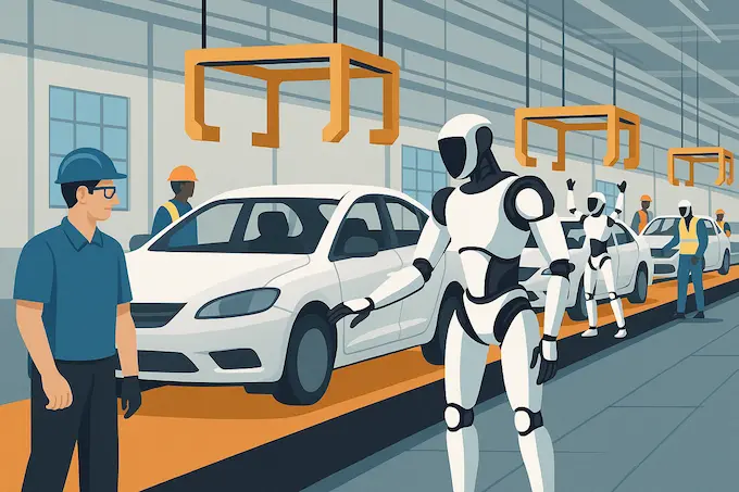 “Boston Dynamics Atlas robot assisting human workers in an advanced factory environment.”