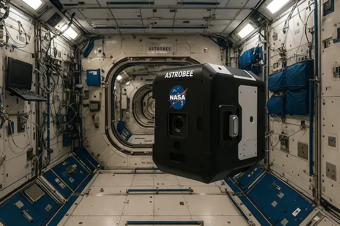 “NASA’s Astrobee free-flying autonomous robot floating inside the International Space Station assisting astronauts with inspection and maintenance tasks using onboard cameras and sensors”