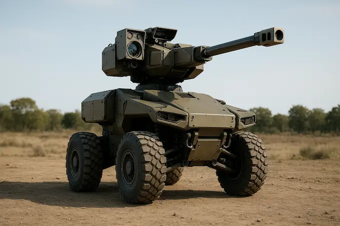 “South Korea’s G-Sword unmanned turreted combat robot equipped with autonomous targeting and all-terrain mobility performing battlefield surveillance and defense operations”