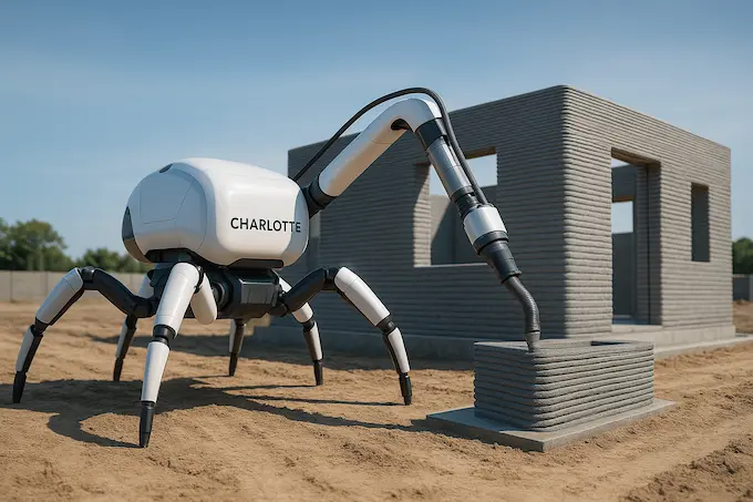 “Charlotte large-scale autonomous 3D printing construction robot building an entire house structure within 24 hours using advanced concrete extrusion technology”